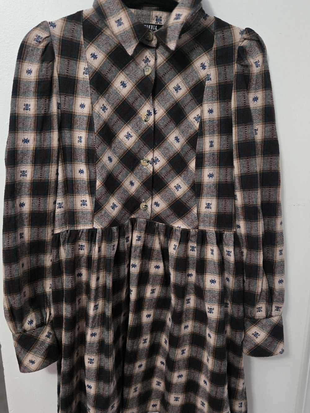 Disturbia Plaid Button-Up Long Sleeve Dress in Beige, Black and Blue